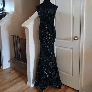 Green Velvet Sequin Mermaid Maxi Dress Crisscross Tie Back XS Whimsygoth Fairy